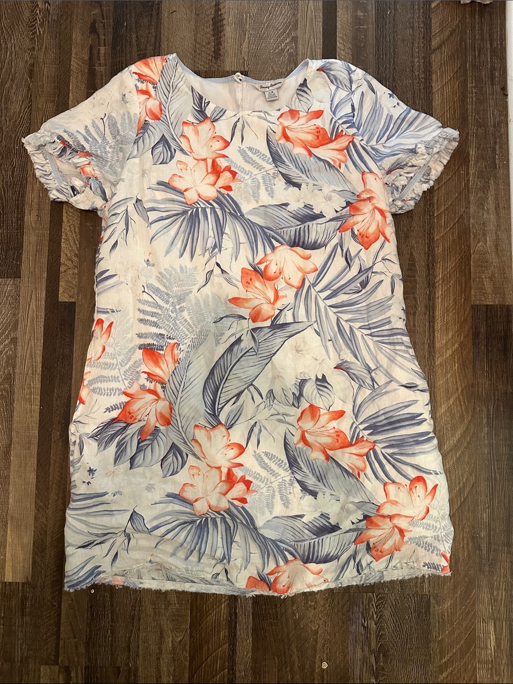 Tommy Bahama White Midi Dress with Coral Floral and Blue Leaves